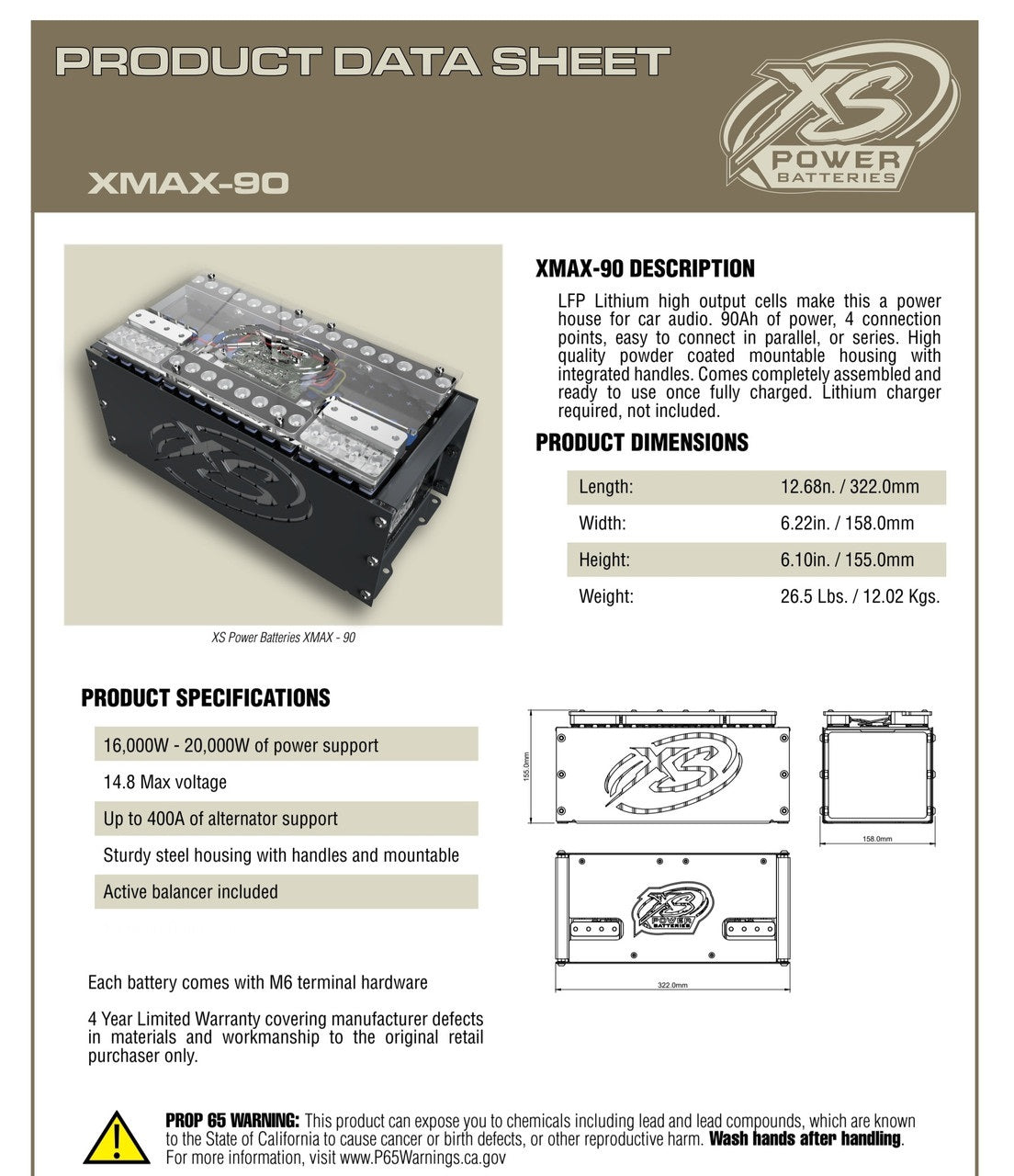 XS Power XMAX 90 Lithium Battery 90AH